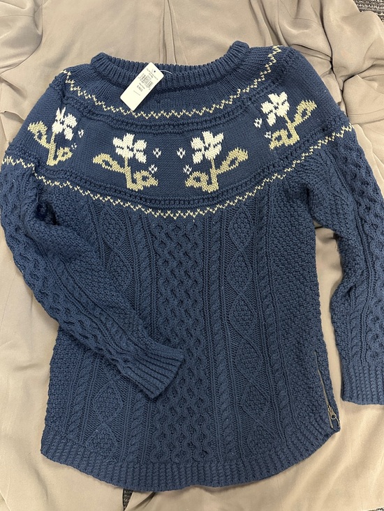 L.L. Bean Sweaters - L.L. Bean Navy Blue Cable-Knit Sweater with Cream Floral Yoke